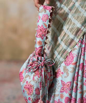 Blue silk printed potli bag 4