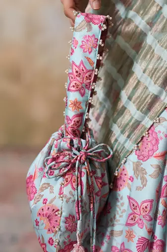 Blue silk printed potli bag