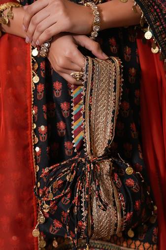 Black silk embroidered potli bag