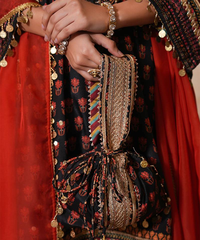 Black silk embroidered potli bag