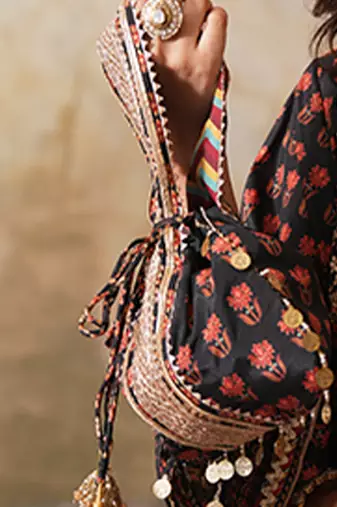 Black silk embroidered potli bag