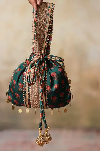 Green silk embroidered potli bag