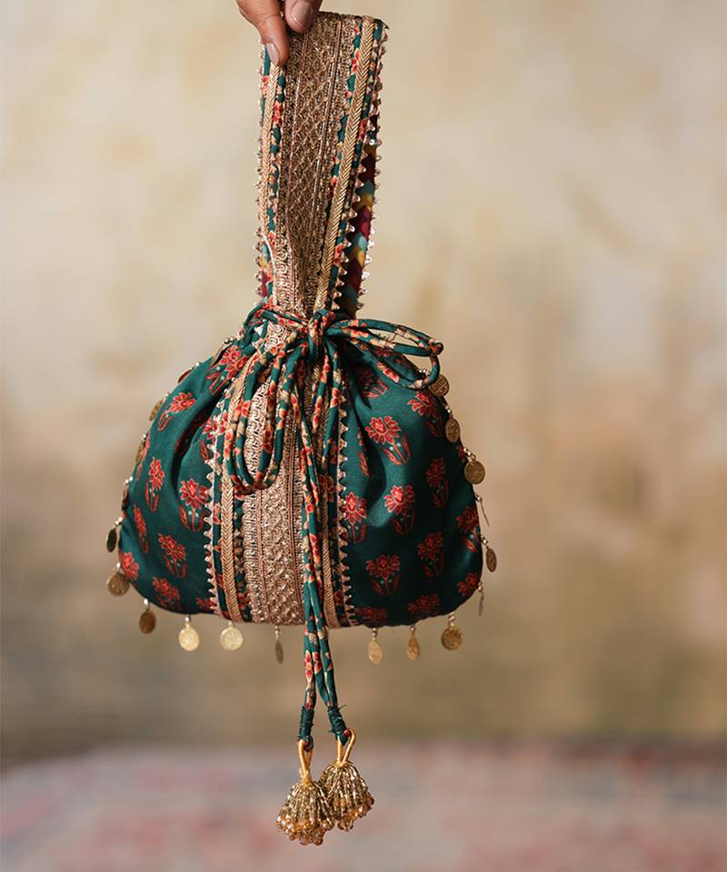 Green silk embroidered potli bag