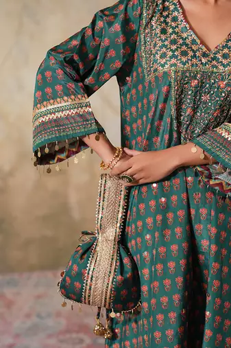 Green silk embroidered potli bag