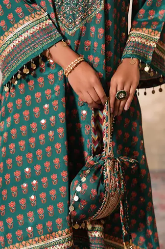 Green silk embroidered potli bag