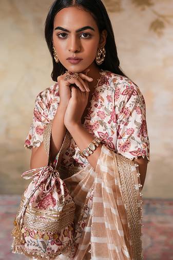 White silk embroidered potli bag