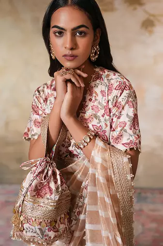 White silk embroidered potli bag