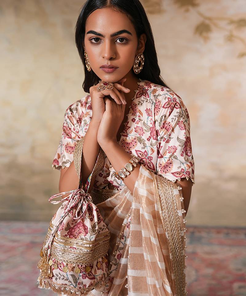 White silk embroidered potli bag