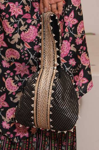 Black silk embroidered potli bag