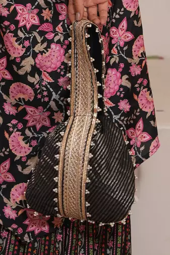 Black silk embroidered potli bag