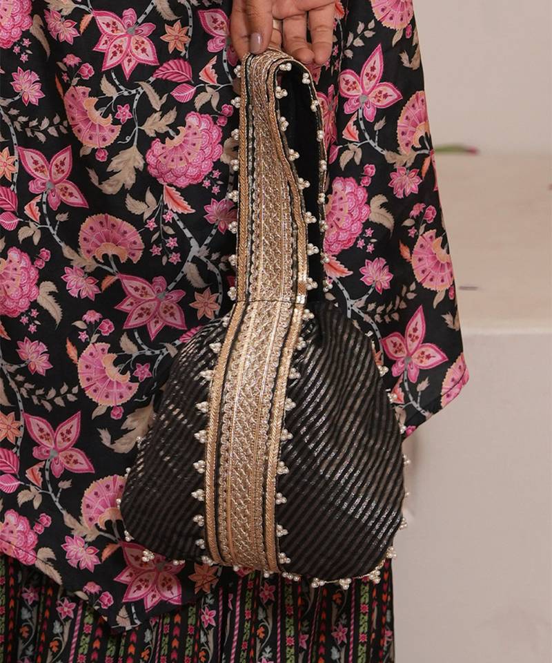 Black silk embroidered potli bag