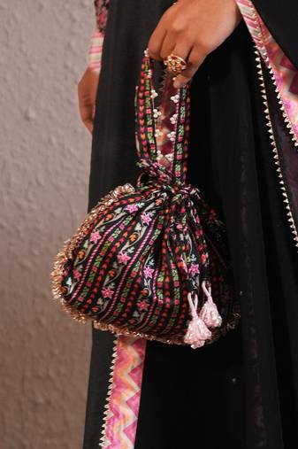 Black silk printed potli bag