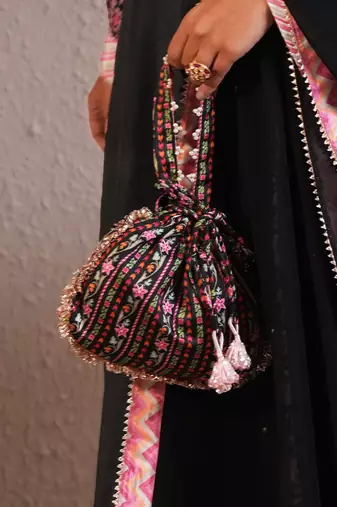 Black silk printed potli bag