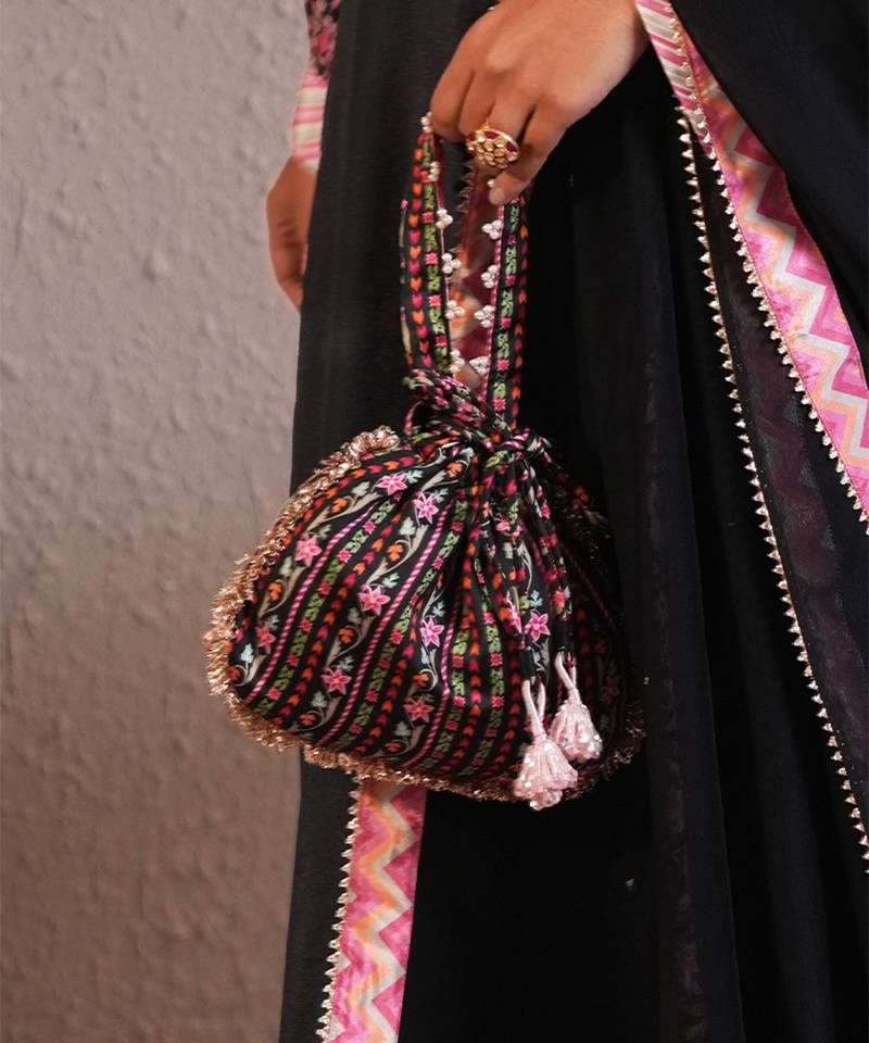 Black silk printed potli bag