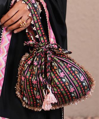 Black silk printed potli bag 2