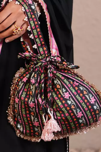 Black silk printed potli bag
