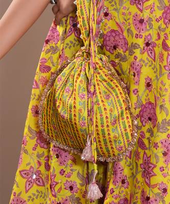 Yellow silk printed potli bag 1