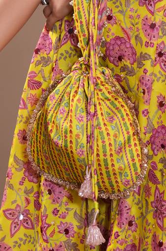 Yellow silk printed potli bag