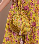 Yellow silk printed potli bag