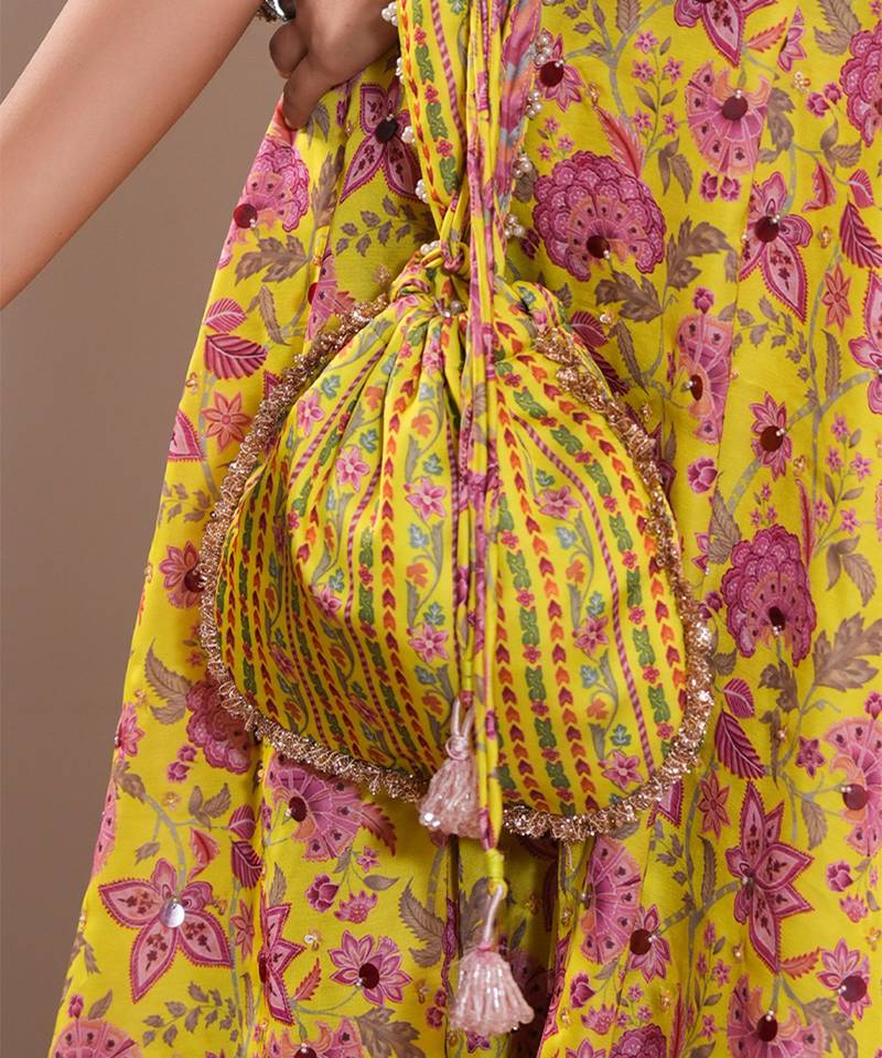 Yellow silk printed potli bag