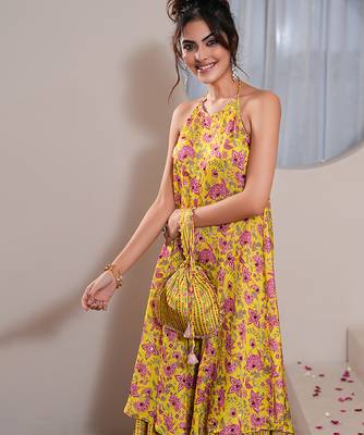 Yellow silk printed potli bag 2