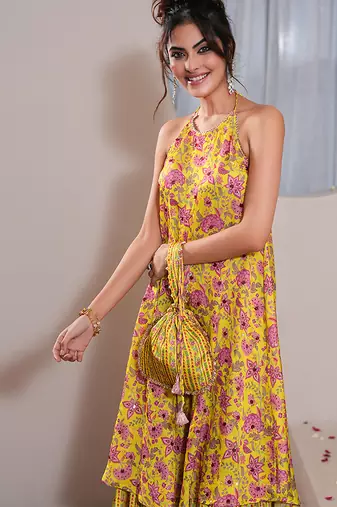 Yellow silk printed potli bag