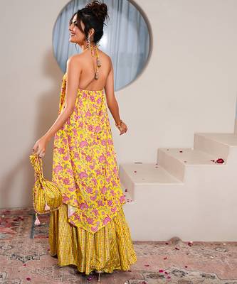 Yellow silk printed potli bag 3