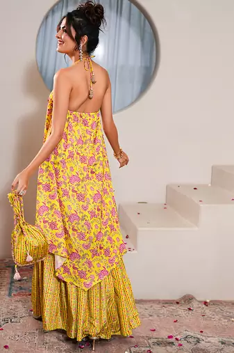 Yellow silk printed potli bag