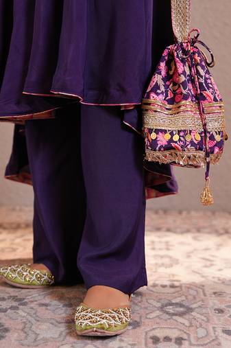 Purple silk embroidered potli bag