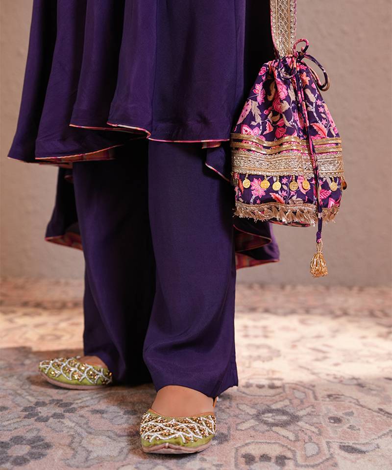 Purple silk embroidered potli bag
