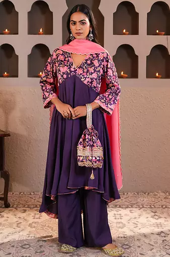 Purple silk embroidered potli bag
