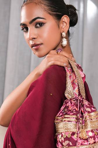 Pink silk embroidered potli bag