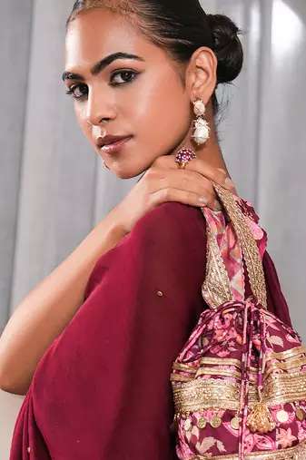 Pink silk embroidered potli bag