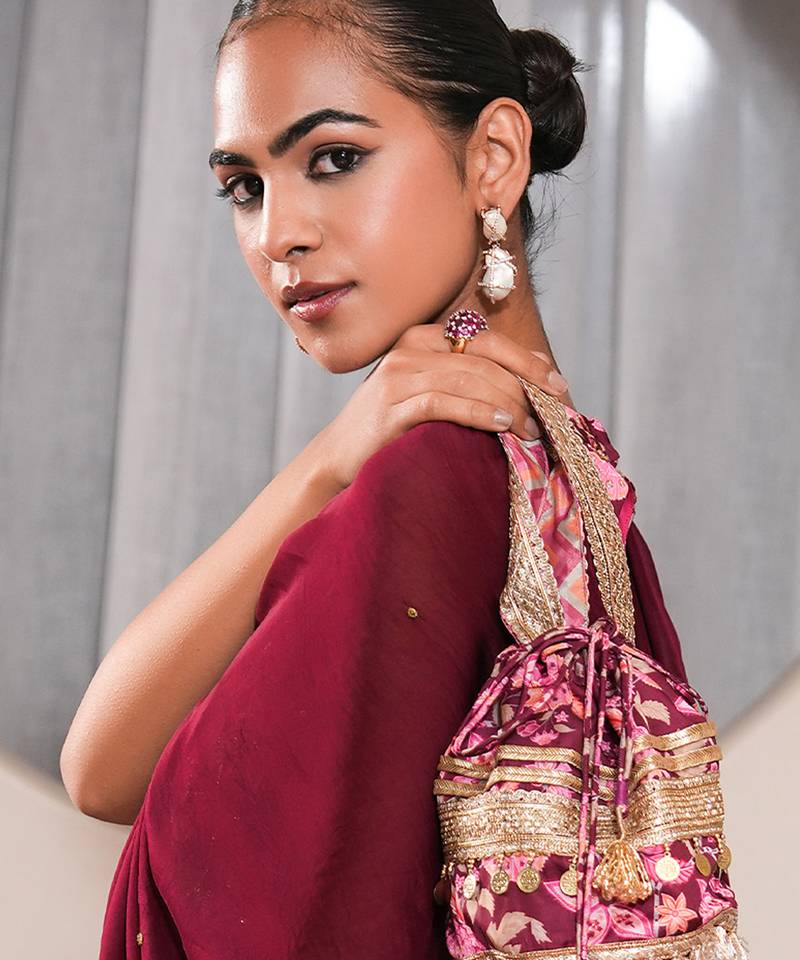 Pink silk embroidered potli bag