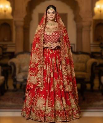 red georgette embroidered lehenga choli set 1