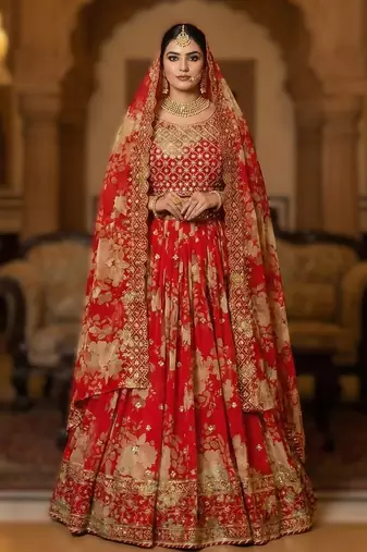 RED Printed Georgette Lehenga Set with Embroidered Blouse & Dupatta
