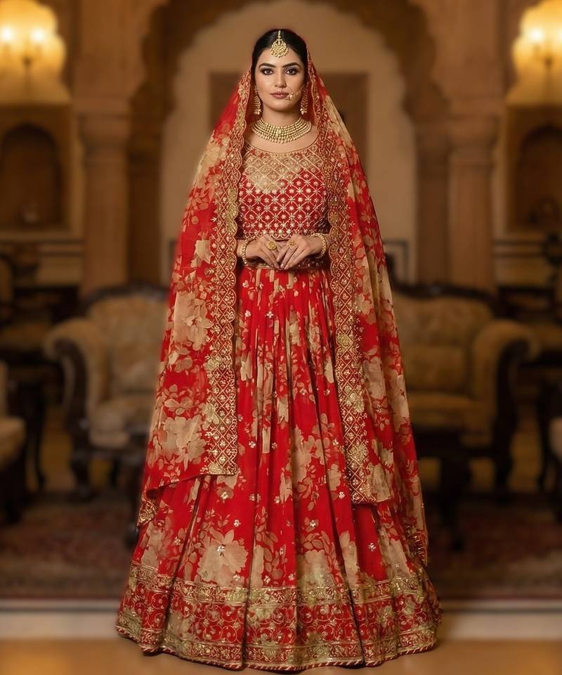 RED Printed Georgette Lehenga Set with Embroidered Blouse & Dupatta