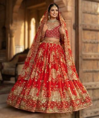 red georgette embroidered lehenga choli set 2