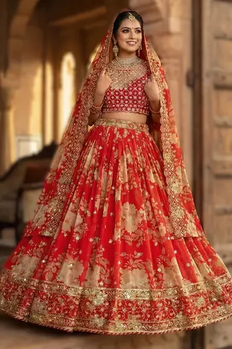 red georgette embroidered lehenga choli set