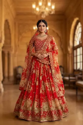 red georgette embroidered lehenga choli set