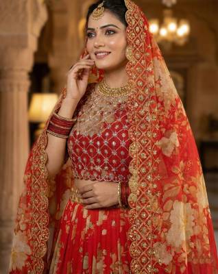 red georgette embroidered lehenga choli set 4