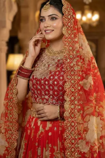 red georgette embroidered lehenga choli set