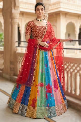 MULTICOLOR  Printed Georgette Lehenga Set with Embroidered Blouse & Dupatta