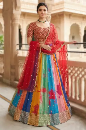 multicolor georgette embroidered lehenga set