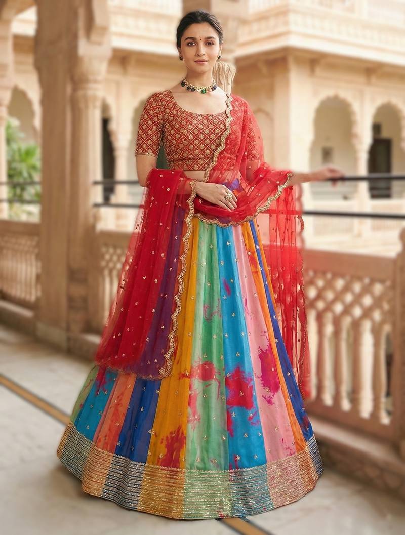 MULTICOLOR  Printed Georgette Lehenga Set with Embroidered Blouse & Dupatta