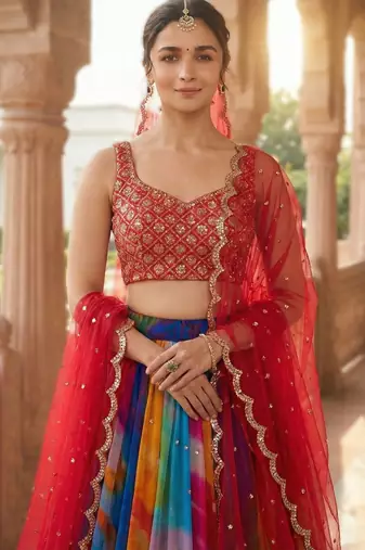 multicolor georgette embroidered lehenga set