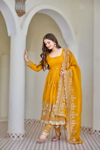 yellow silk blend embroidered anarkali set