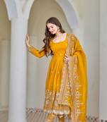 yellow silk blend embroidered anarkali set
