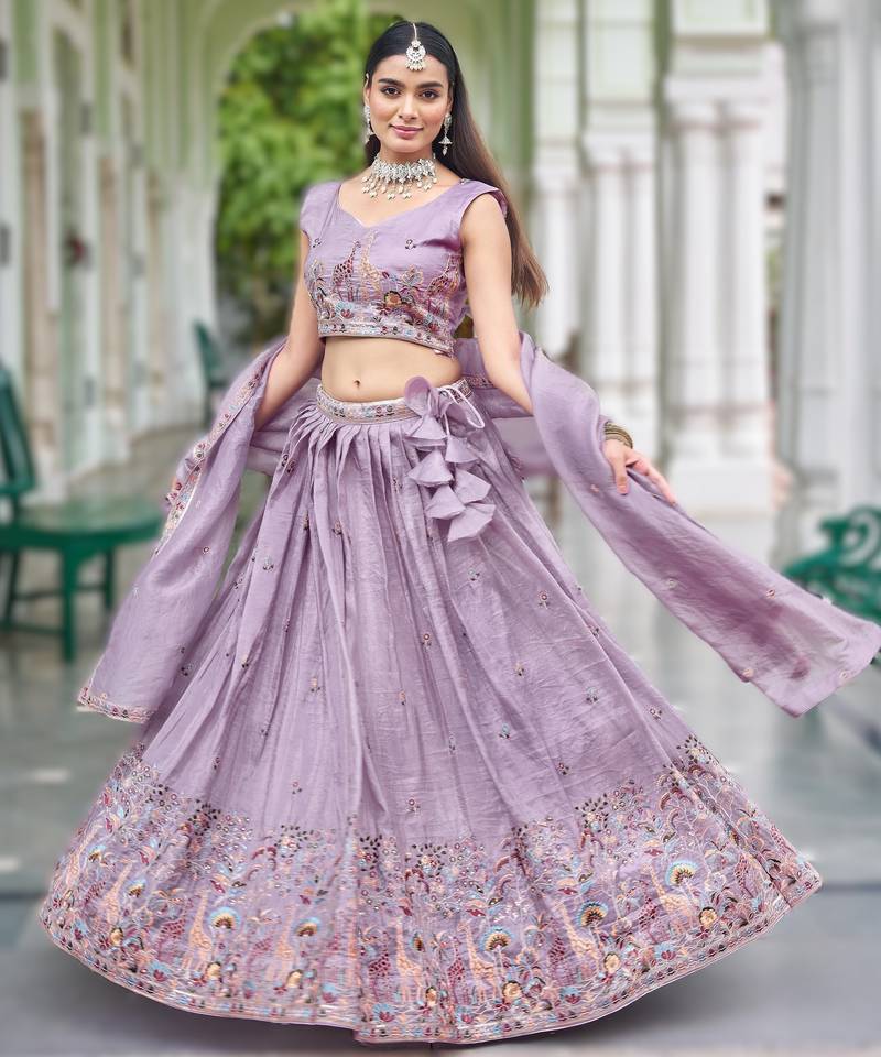 light purple silk embroidered wedding lehenga set