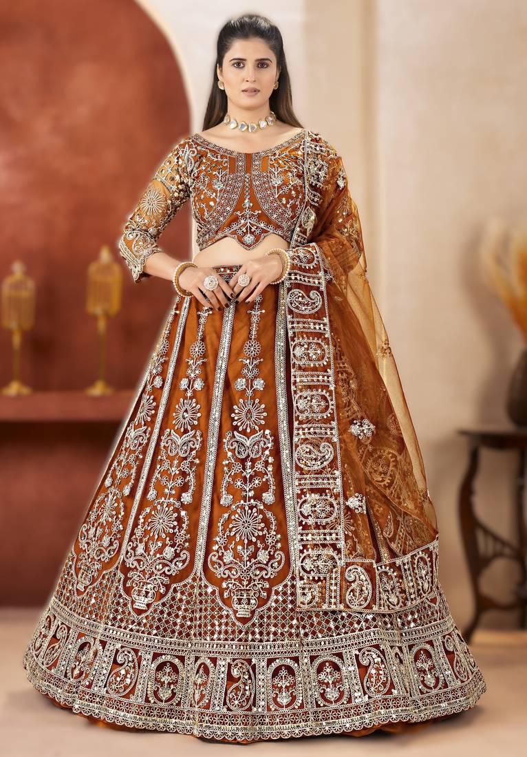 brown embroidered lehenga choli ethnic set